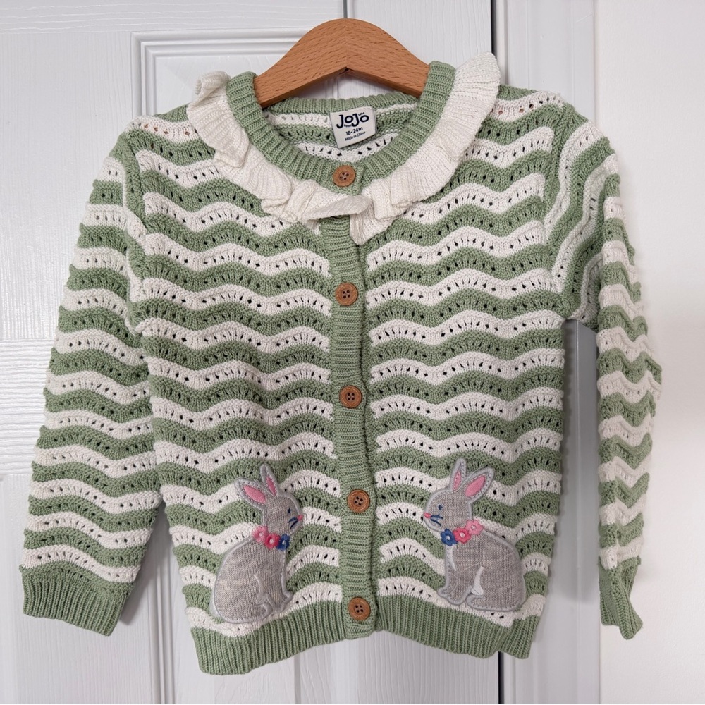 NWT*JoJo Maman Bébé Green Bunny Wavy Knit Appliqué Cardigan - 18-24M